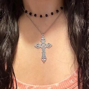 Vintage Silver Statement Cross Necklace Choker Silver Gothic Black Beads Pearls